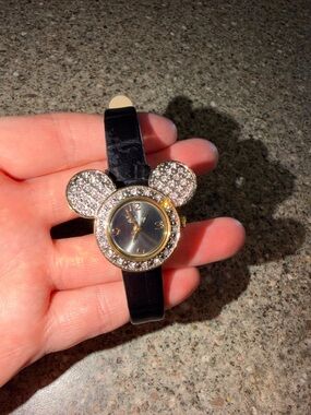 Vintage Crystal Mickey-Ears Watch with Black Strap